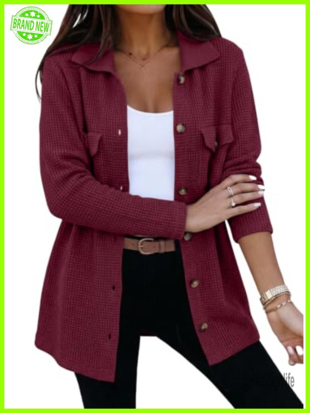 Waffle Chunky Knit Cardigan Shacket Button Down Loose Fit Long Sleeve